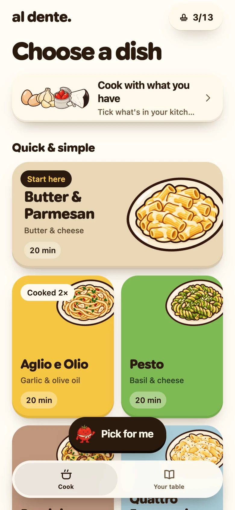 The menu: thirteen dishes on sauce-coloured cards, with three stamps in the passport.